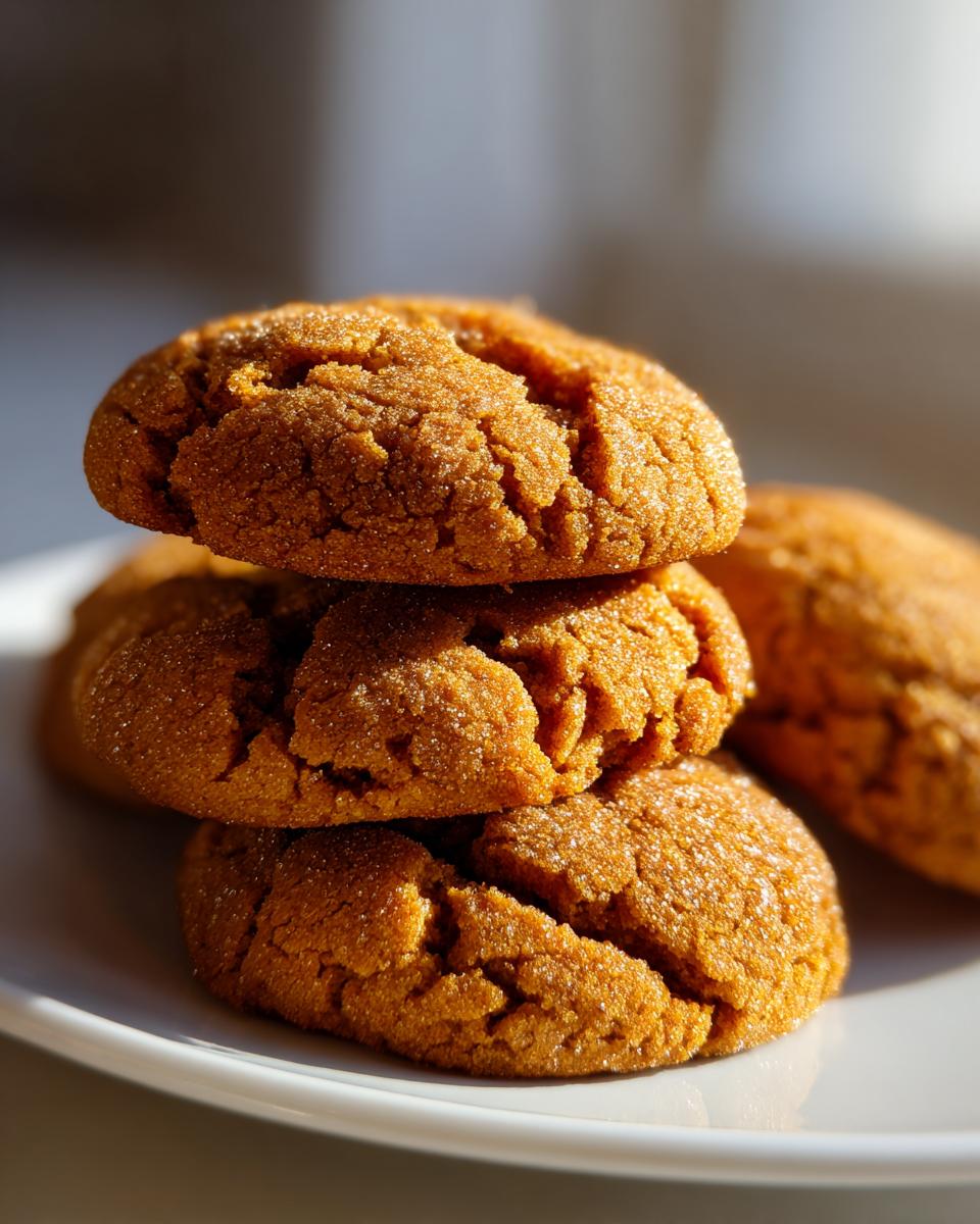 A stack of three soft, crinkled Chai Spiced Pumpkin Cookies coated in sugar.