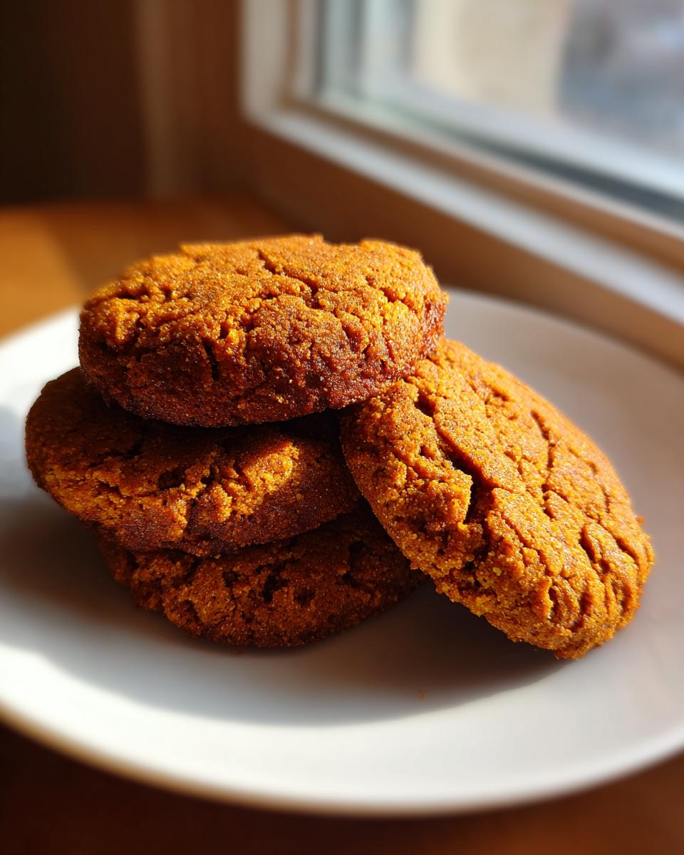 A stack of four soft, deeply colored Chai Spiced Pumpkin Cookies resting on a white plate near a window.