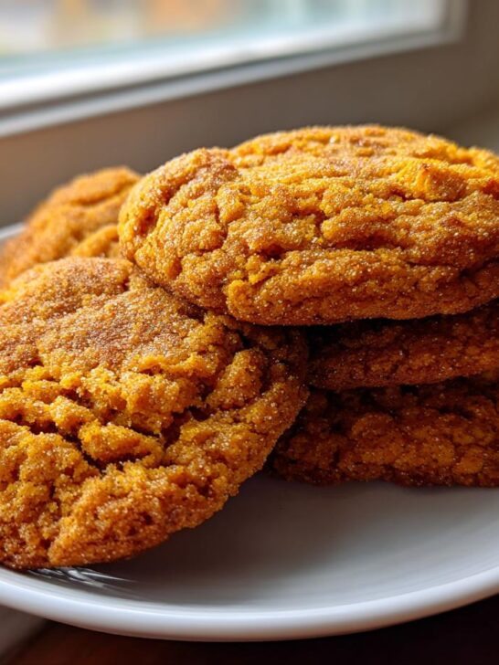 A stack of soft, sugar-coated Chai Spiced Pumpkin Cookies resting on a white plate near a window.