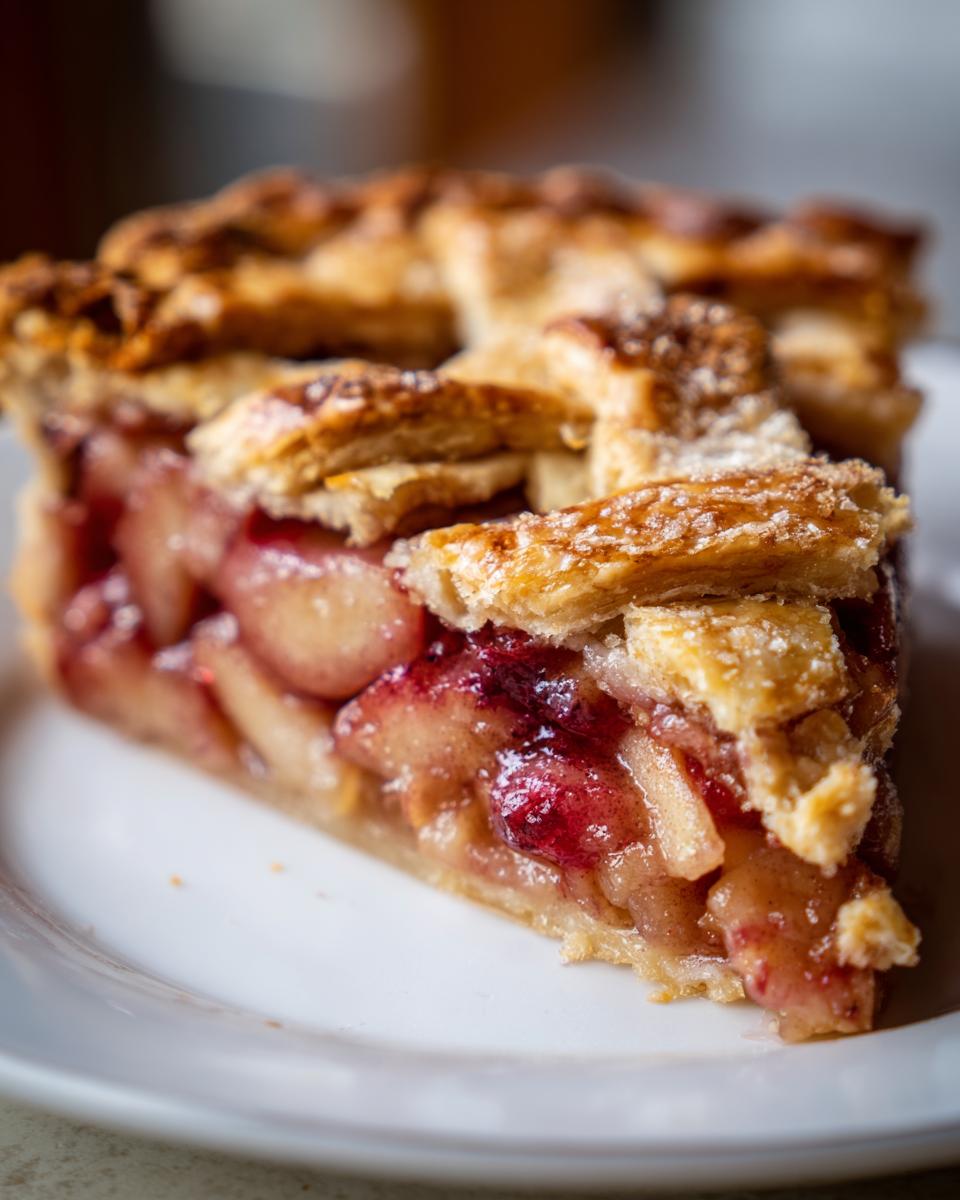 Close-up of a slice of Spiced Pear And Cranberry Galette showing the fruit filling and lattice crust.