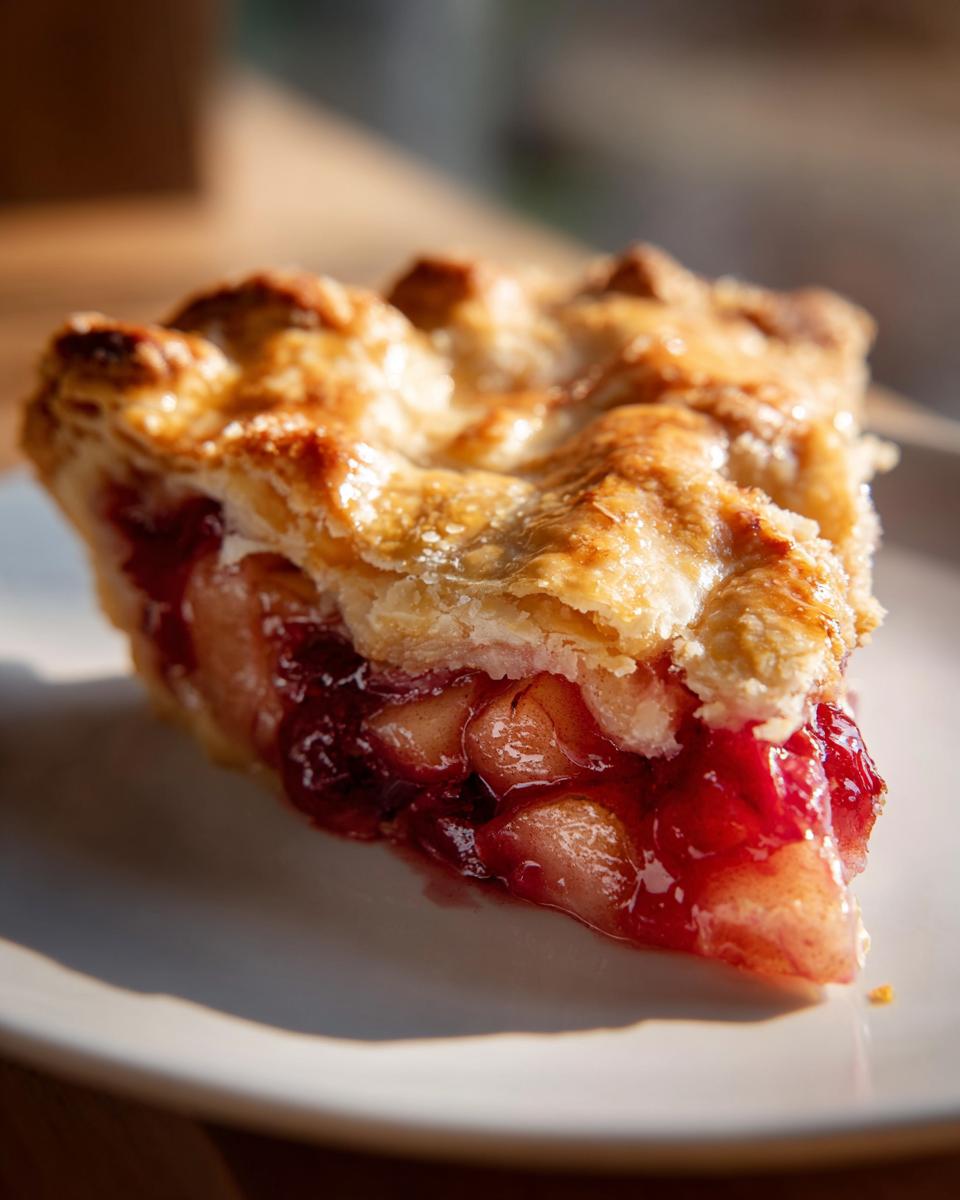 Close-up of a slice of Spiced Pear And Cranberry Galette showing flaky crust and juicy fruit filling.