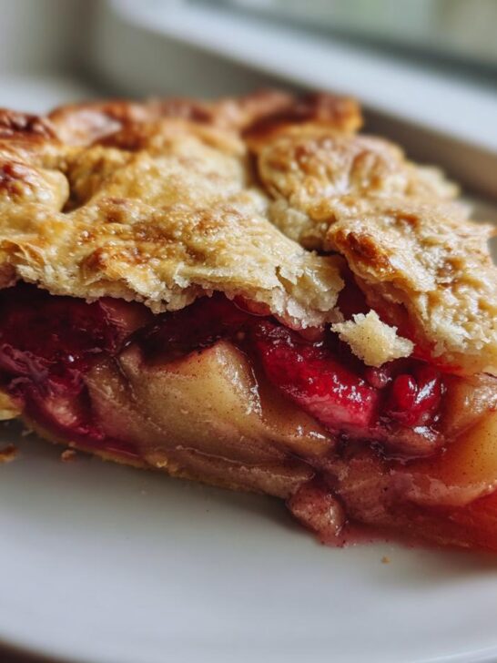 Close-up of a slice of Spiced Pear And Cranberry Galette showing flaky crust and juicy fruit filling.