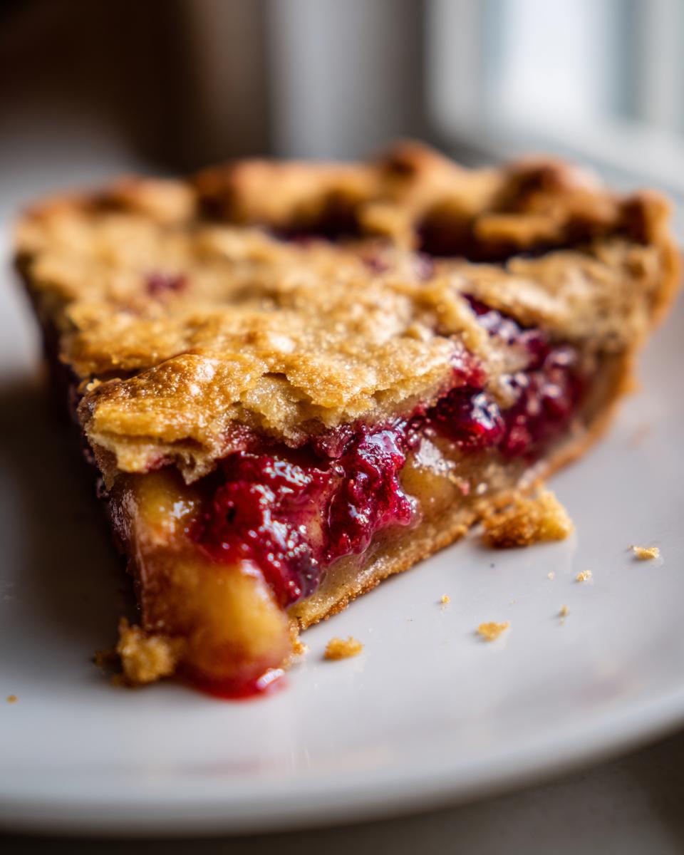 Close-up of a slice of Spiced Pear And Cranberry Galette showing the golden crust and vibrant red fruit filling.