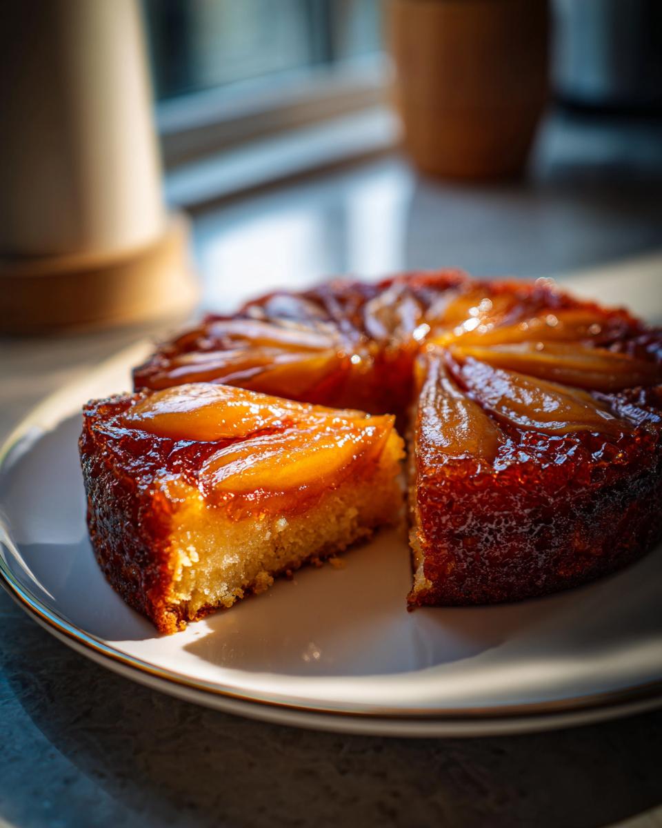 A slice cut from a glistening Spiced Pear Upside Down Cake, showing caramelized pears on top and a moist crumb.