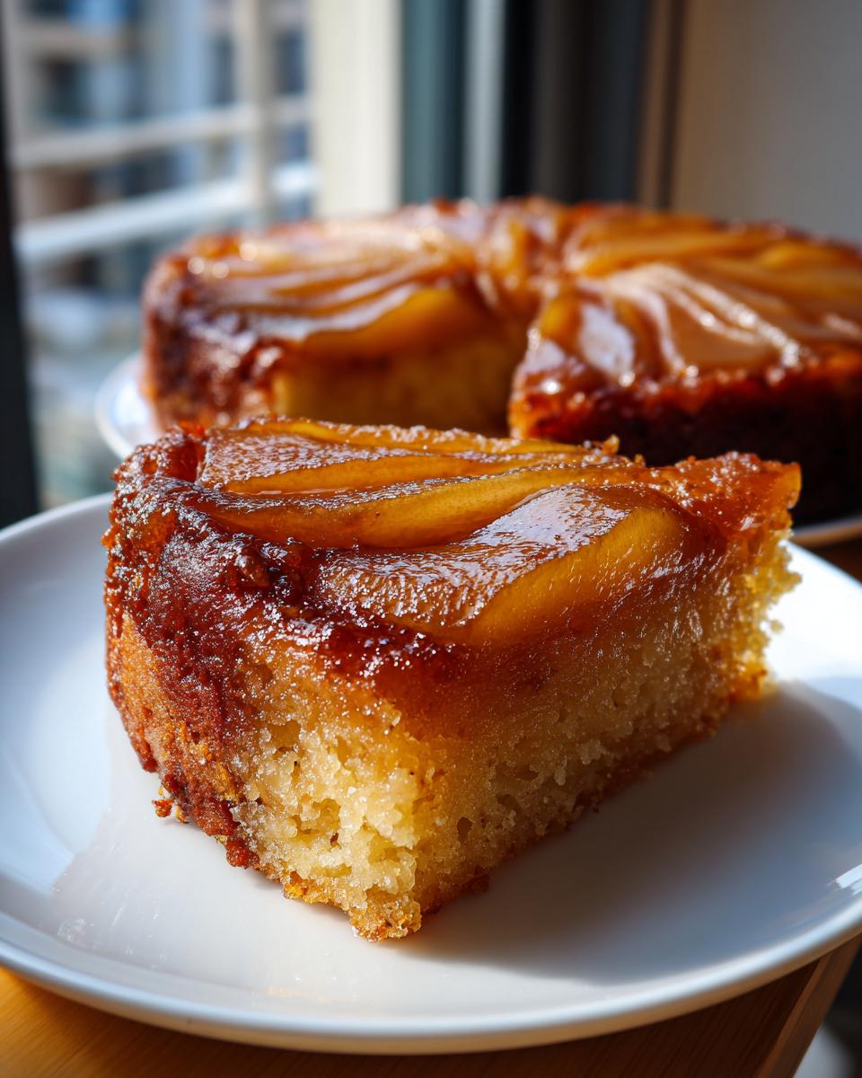 A close-up slice of moist Spiced Pear Upside Down Cake with a glossy, caramelized pear topping.