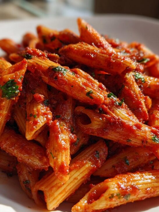 A close-up of penne pasta coated in a vibrant red, spicy Arrabbiata Pasta sauce, garnished with parsley.