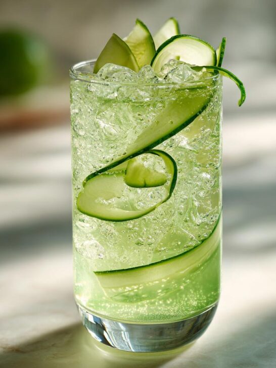 A tall glass filled with a bright green Spicy Cucumber Mocktail, crushed ice, and cucumber ribbons.