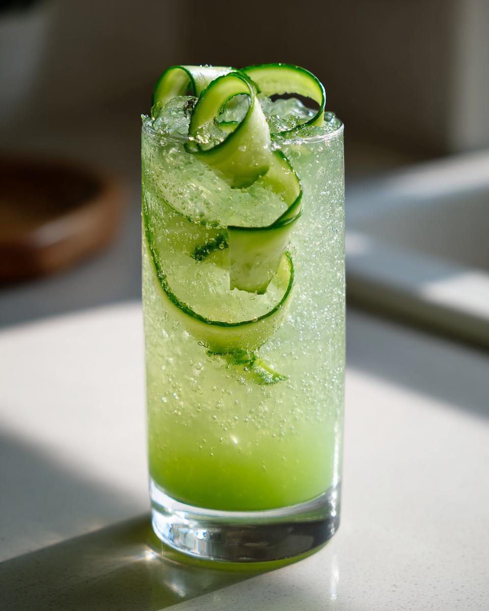 A tall glass containing a bubbly, bright green Spicy Cucumber Mocktail garnished with long cucumber ribbons.