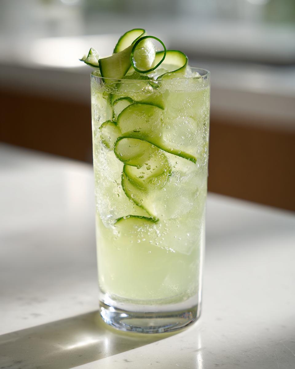 Close-up of a tall glass filled with a pale green Spicy Cucumber Mocktail, garnished with ribboned cucumber slices.