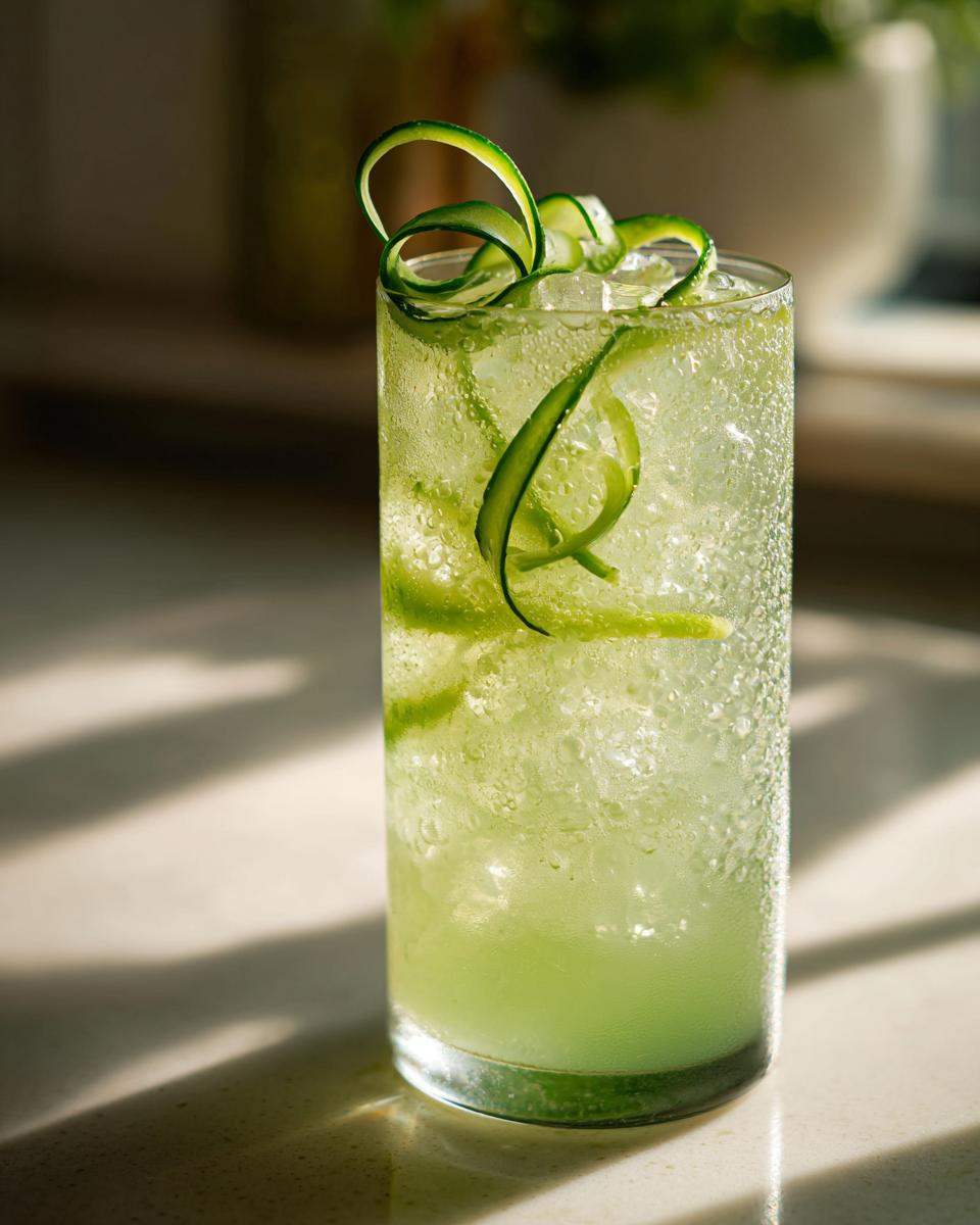 A tall, condensation-covered glass filled with a light green Spicy Cucumber Mocktail, ice, and elegant cucumber ribbon garnish.