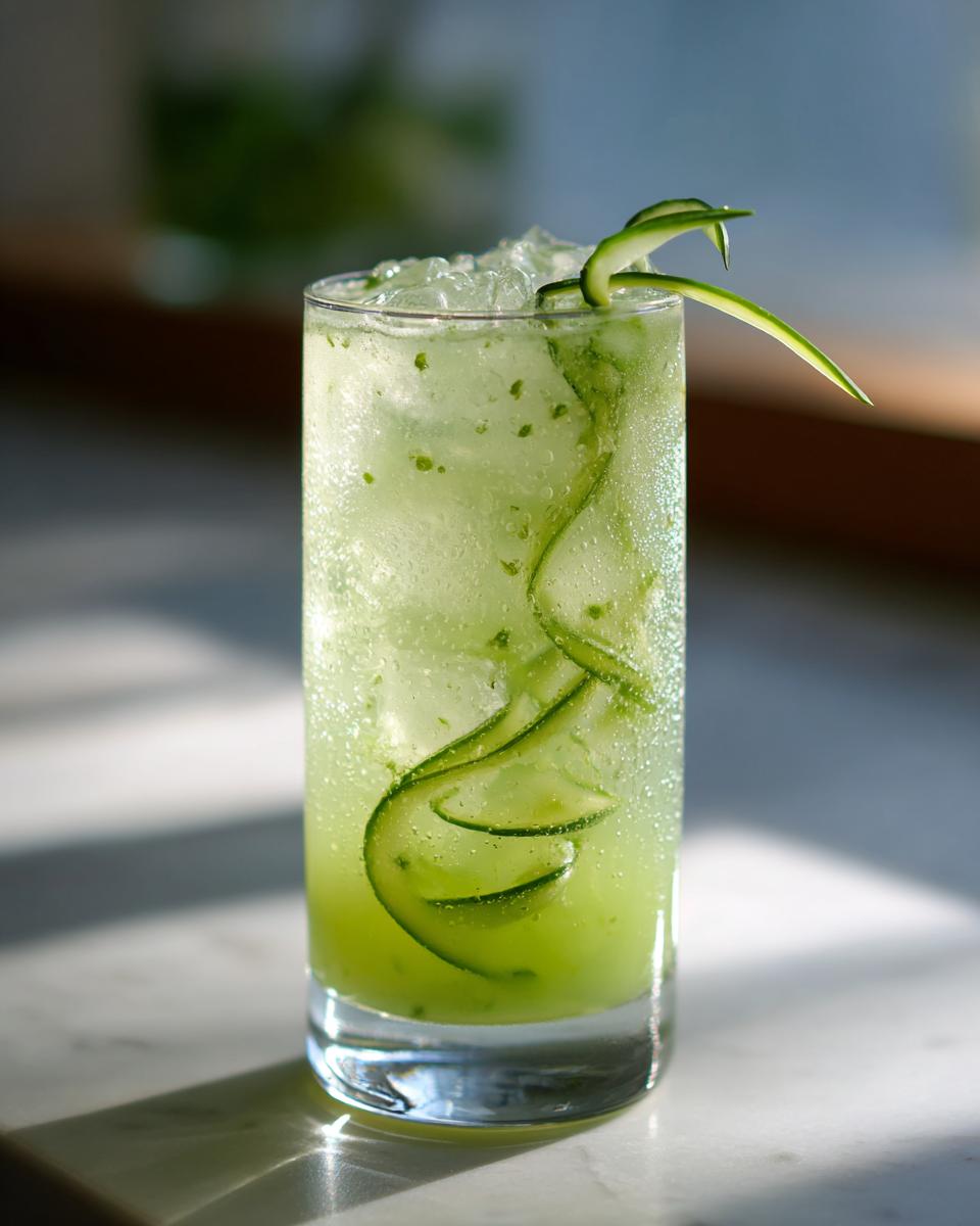 Close-up of a tall glass filled with a vibrant green Spicy Cucumber Mocktail, crushed ice, and a cucumber ribbon garnish.