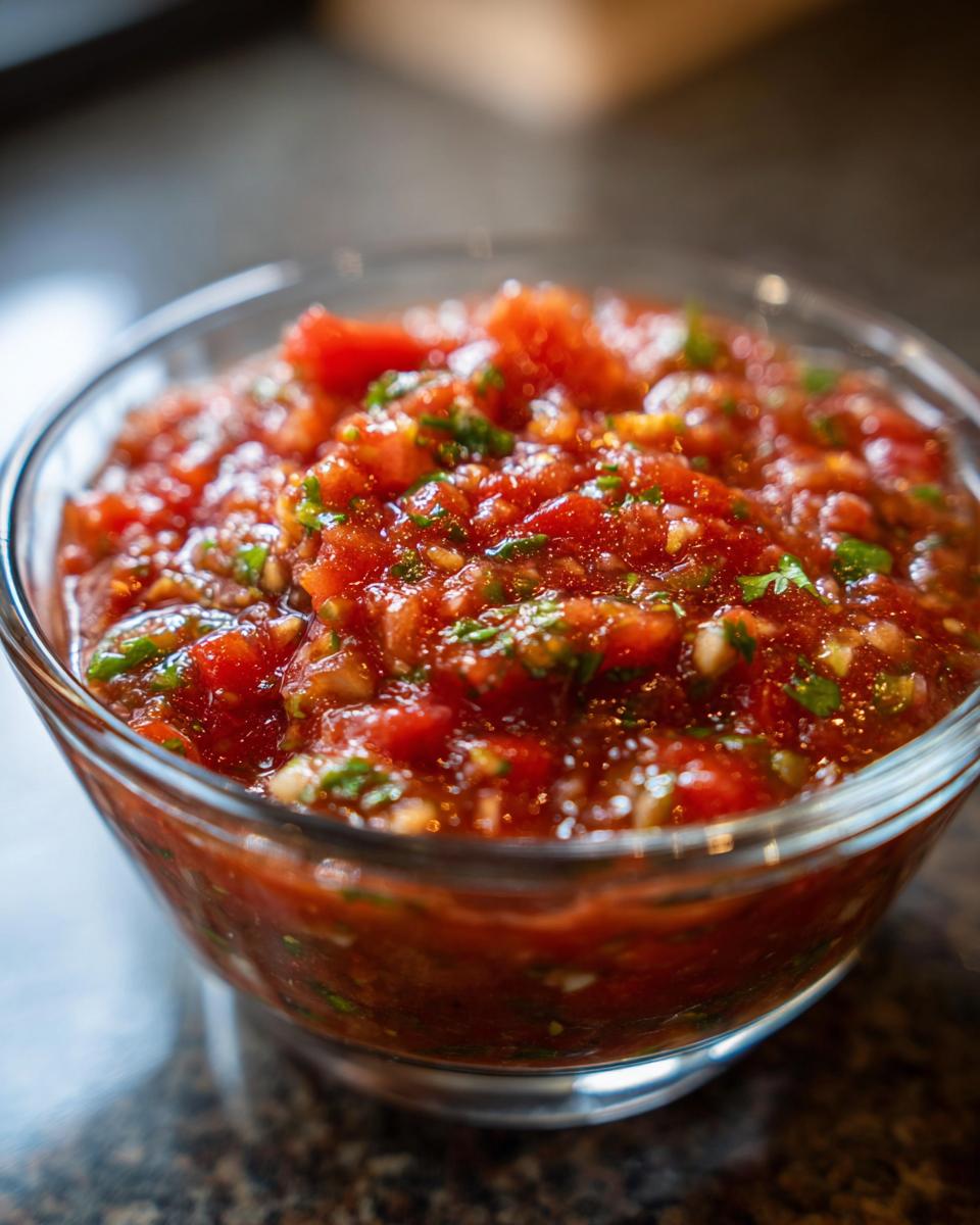 Close-up of chunky, vibrant red Spicy Restaurant Style Salsa with visible cilantro and onion pieces in a clear glass bowl.
