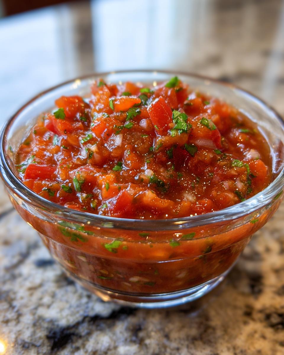Close-up of chunky, vibrant Spicy Restaurant Style Salsa with visible tomatoes and cilantro in a clear glass bowl.