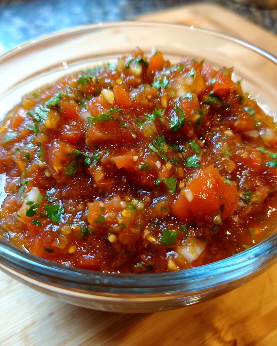 Close-up of chunky, vibrant red Spicy Restaurant Style Salsa garnished with fresh cilantro in a clear glass bowl.