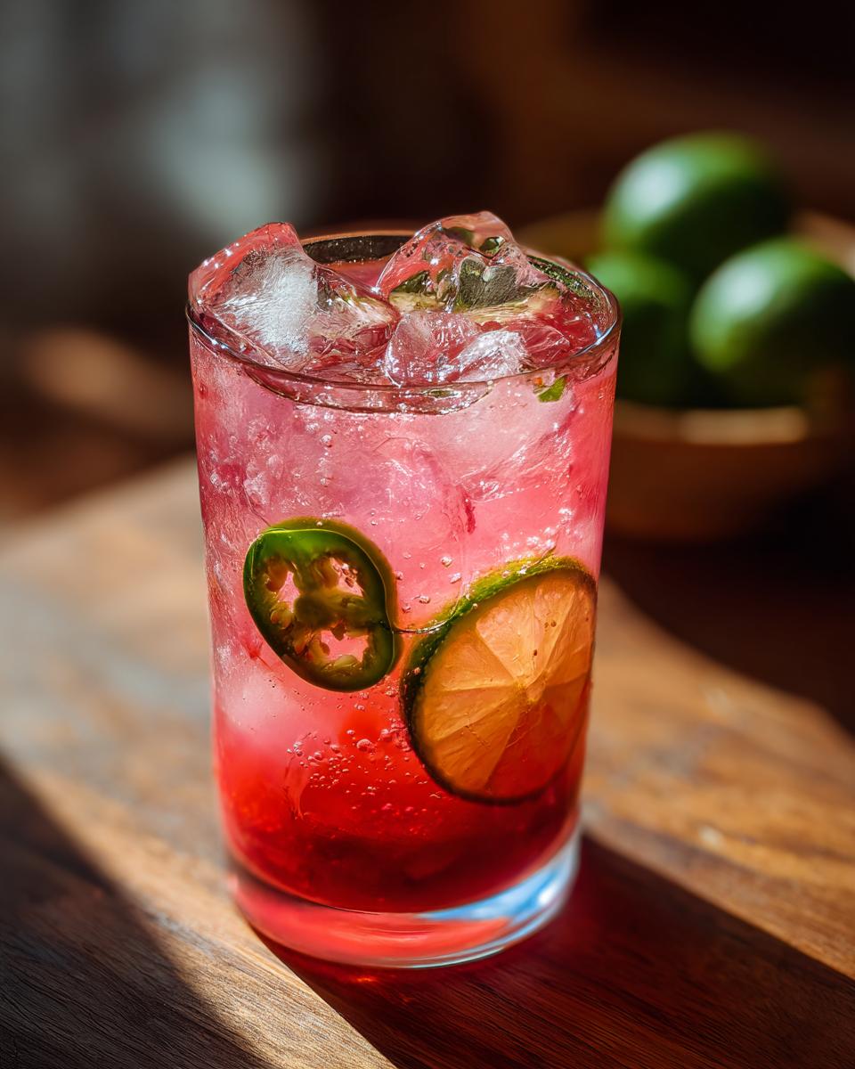 Close-up of a Spicy Watermelon Mojito Mocktail filled with ice, garnished with lime and jalape&ntilde;o slices.