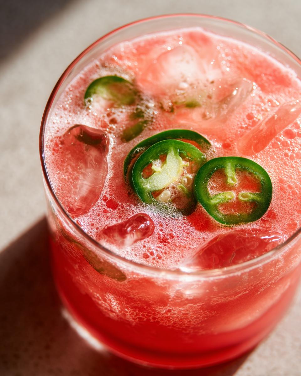 Close-up of a refreshing Spicy Watermelon Mojito Mocktail filled with ice and garnished with bright green jalape&ntilde;o slices.