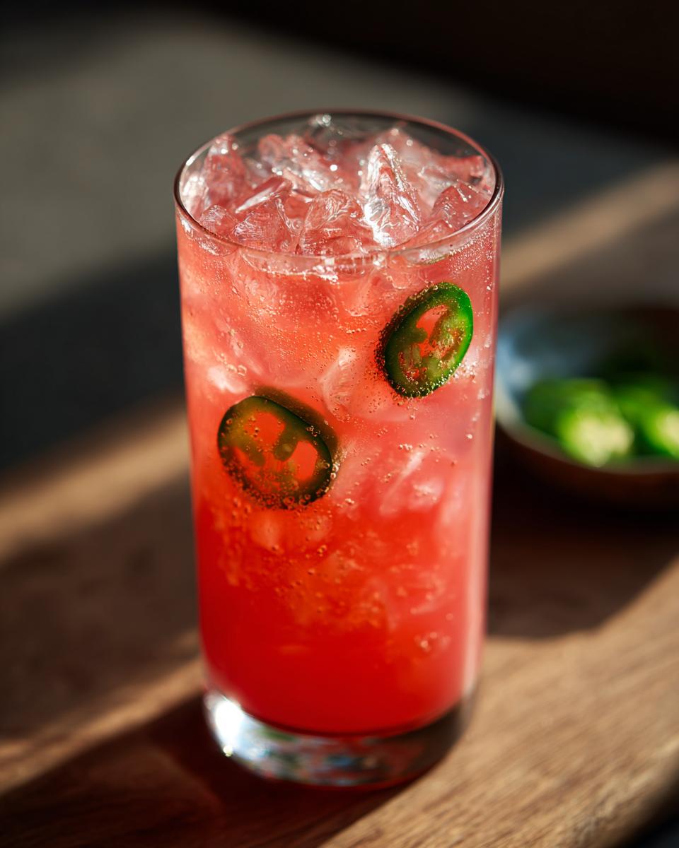 Close-up of a tall glass filled with a bright red Spicy Watermelon Mojito Mocktail, ice, and floating jalape&ntilde;o slices.