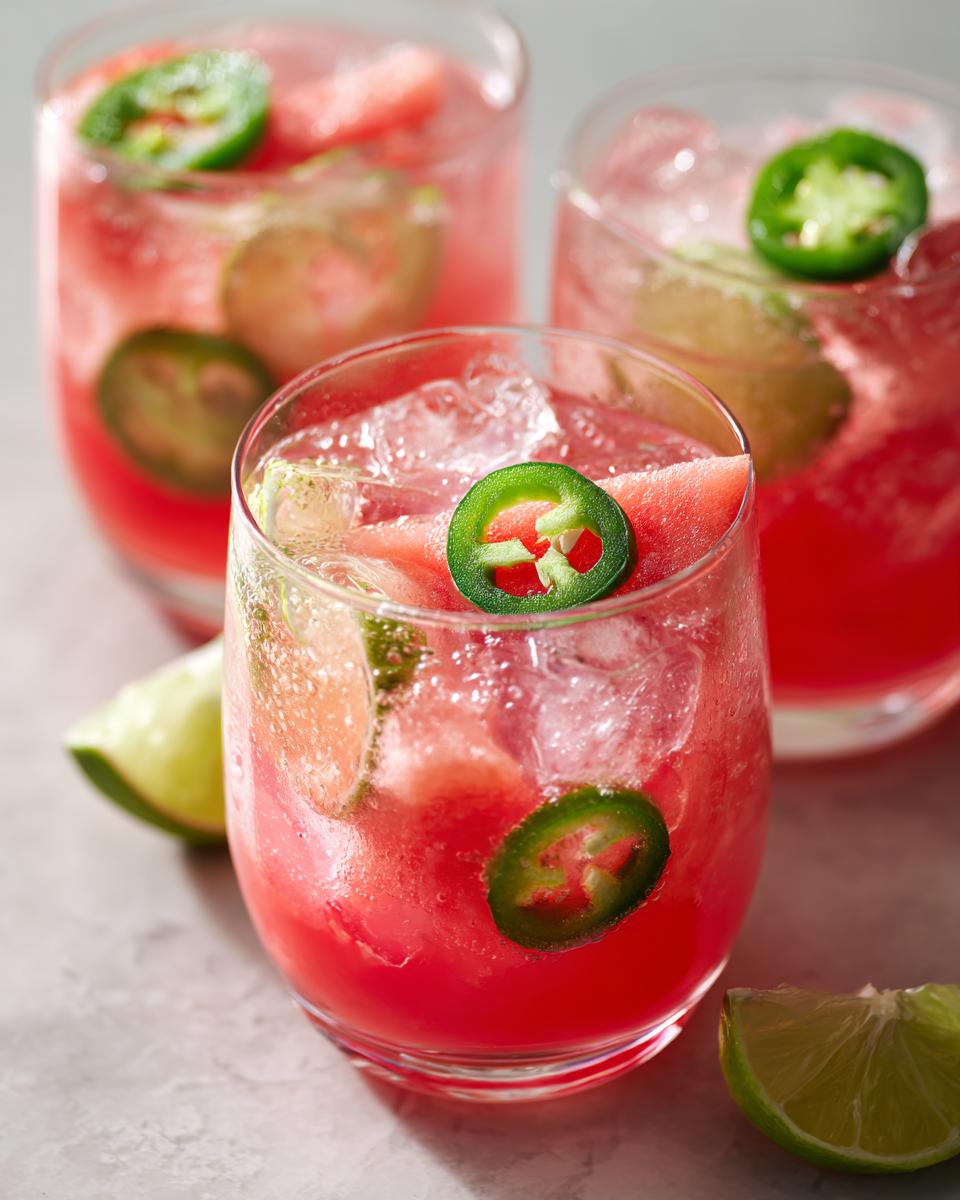Three glasses of bright pink Spicy Watermelon Mojito Mocktail garnished with fresh jalape&ntilde;o slices and lime wedges.