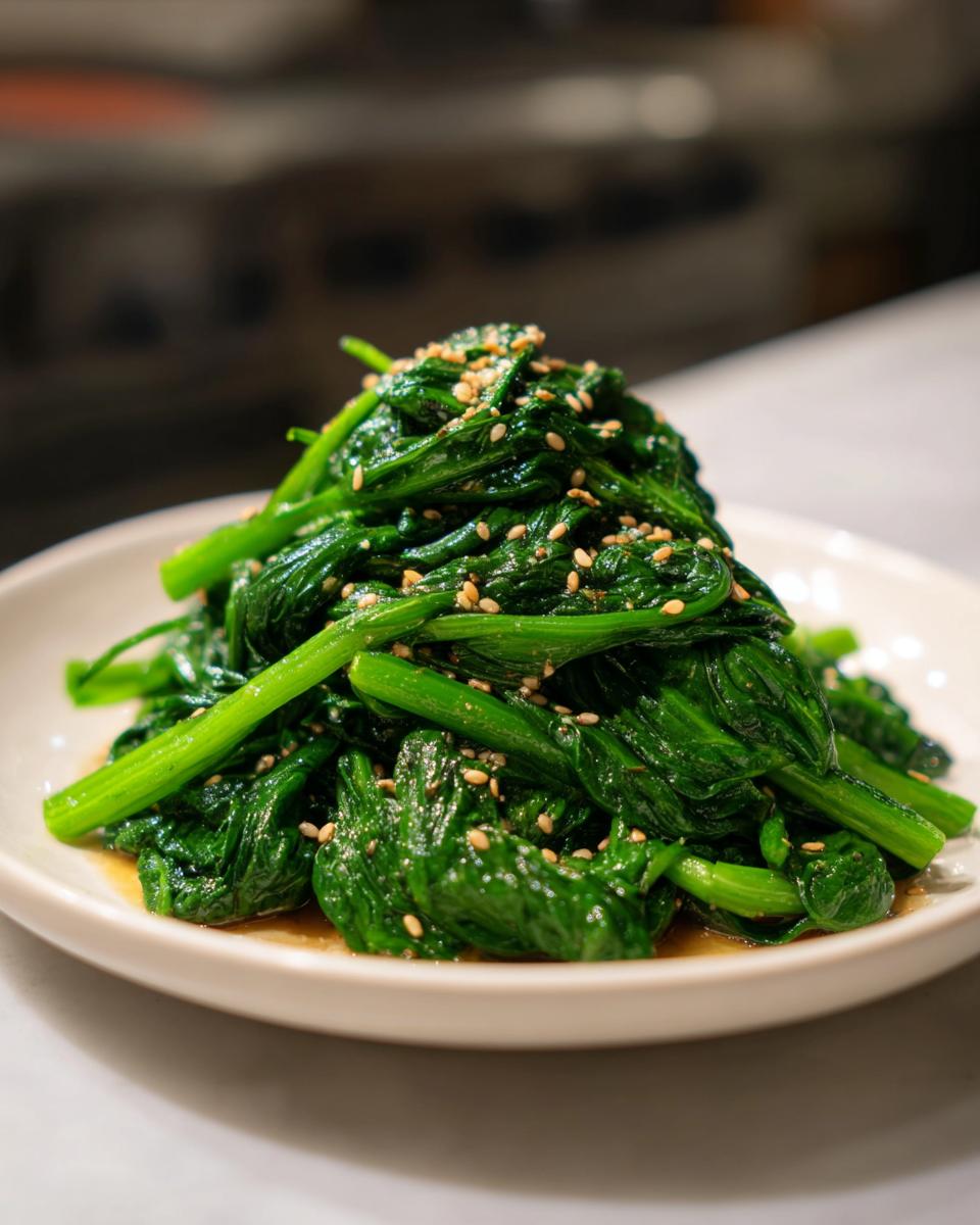 A mound of vibrant green cooked spinach drizzled with sauce and topped with toasted sesame seeds, ready to serve for the Spinach With Ponzu Sauce Recipe.