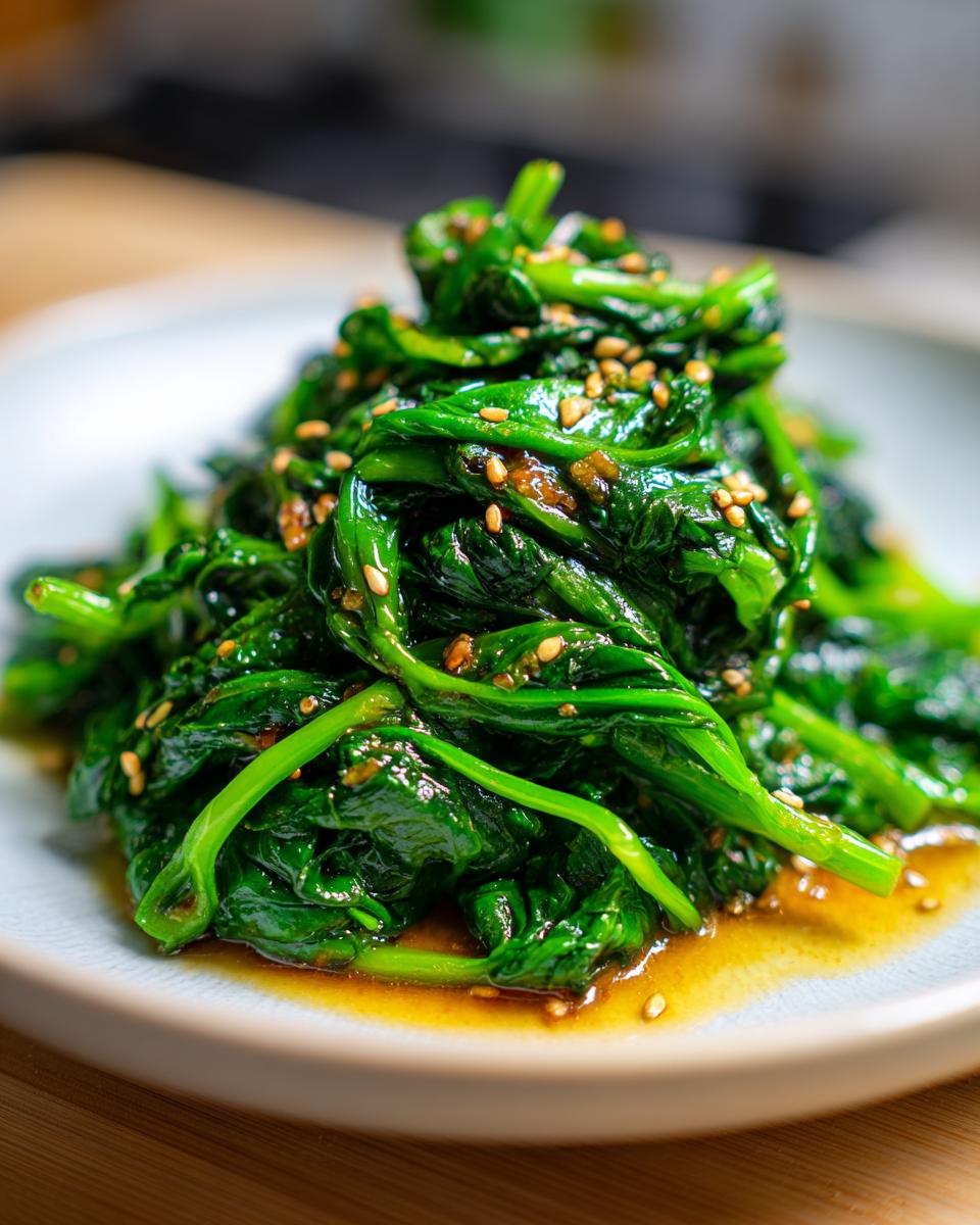 Close-up of vibrant green spinach with ponzu sauce and sesame seeds, ready to serve.
