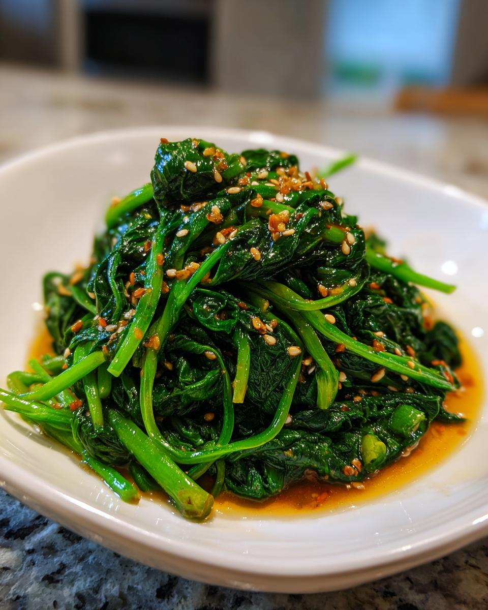 A close-up of bright green Spinach With Ponzu Sauce Recipe, glistening with dressing and topped with toasted sesame seeds.