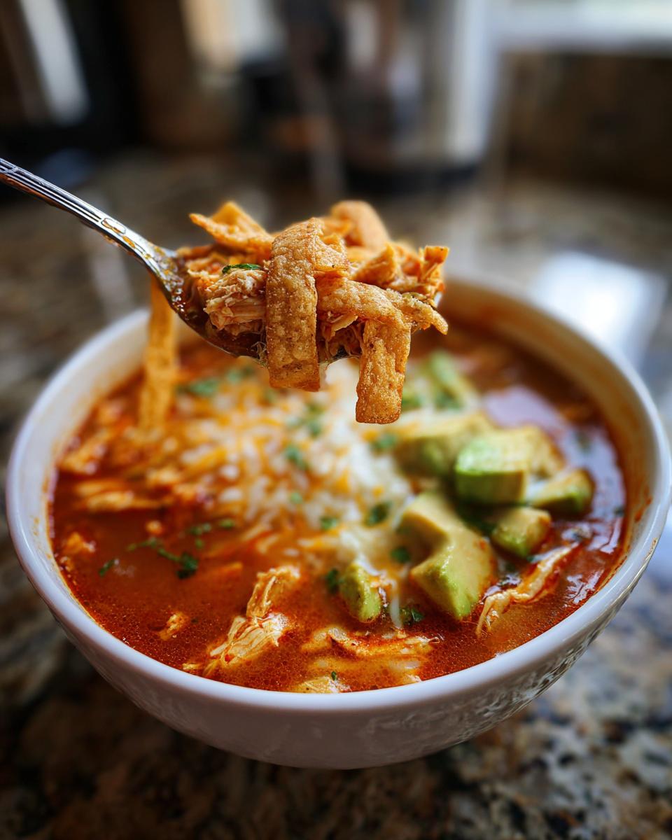 A spoonful of shredded chicken and crispy tortilla strips lifted from a bowl of vibrant Chicken Tortilla Soup.