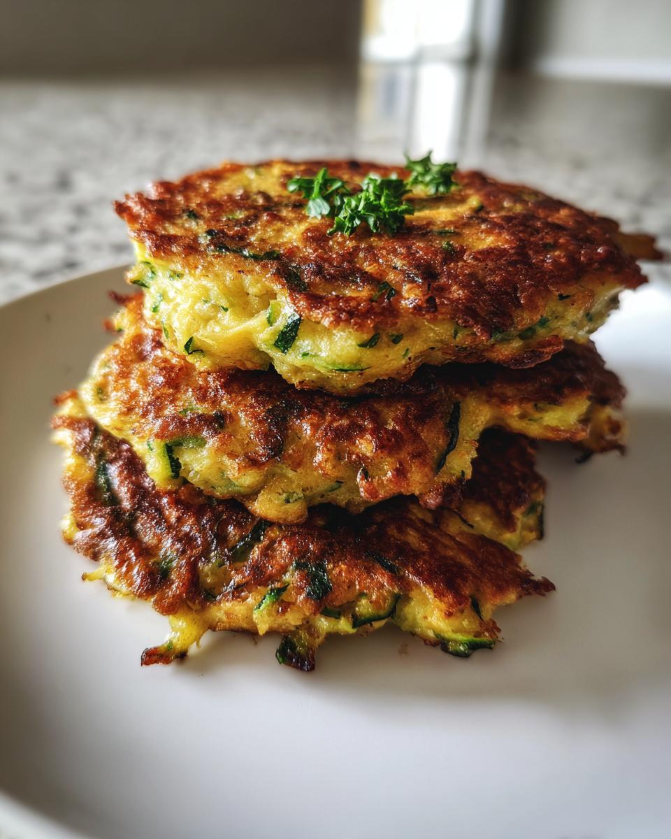 A stack of three golden brown, pan-fried Zucchini Fritters garnished with fresh parsley.