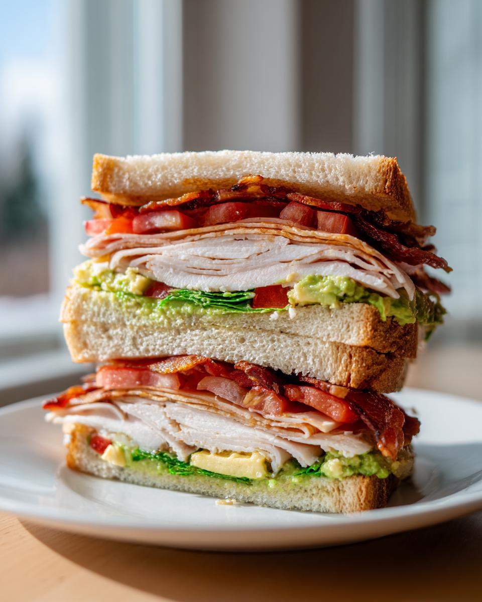 A tall, stacked Turkey Avocado Club Sandwich cut in half, showing layers of turkey, bacon, tomato, and mashed avocado on toasted white bread.