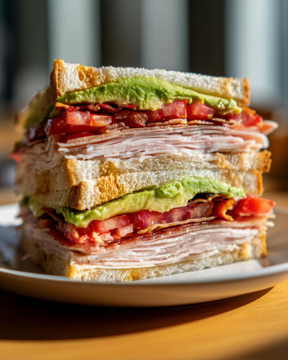 Close-up of a tall, three-slice Turkey Avocado Club Sandwich stacked high with turkey, bacon, tomato, and avocado.