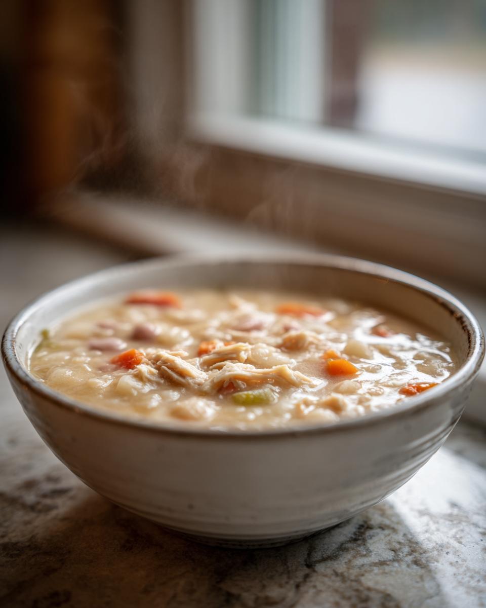 Close-up of a steaming bowl of creamy Crockpot White Bean And Ham Soup with visible shredded ham, white beans, and carrots.
