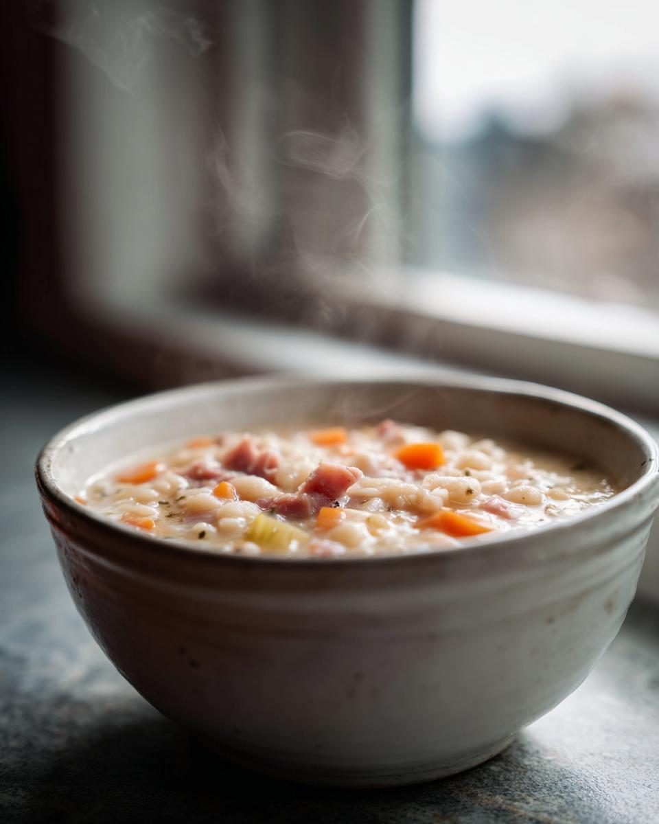 A steaming bowl of hearty Crockpot White Bean And Ham Soup with visible ham chunks and carrots.
