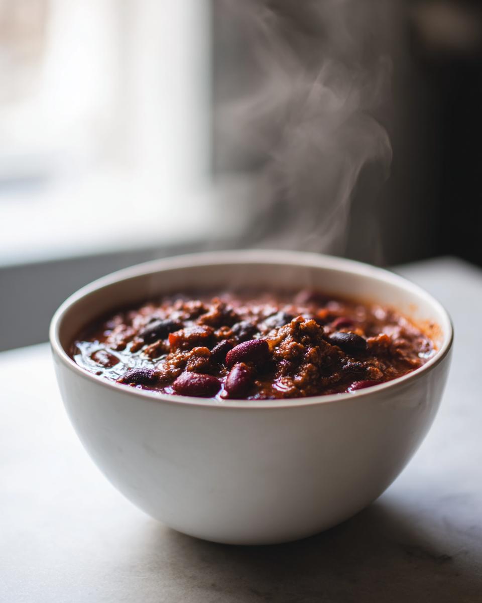 A steaming white bowl filled with rich, dark red Best Mamas Beer Chili Slow Cooker Recipe, featuring ground meat and kidney beans.