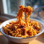 A fork lifts steaming strands of cheesy, saucy One Pot Chili Mac And Cheese from a white bowl.