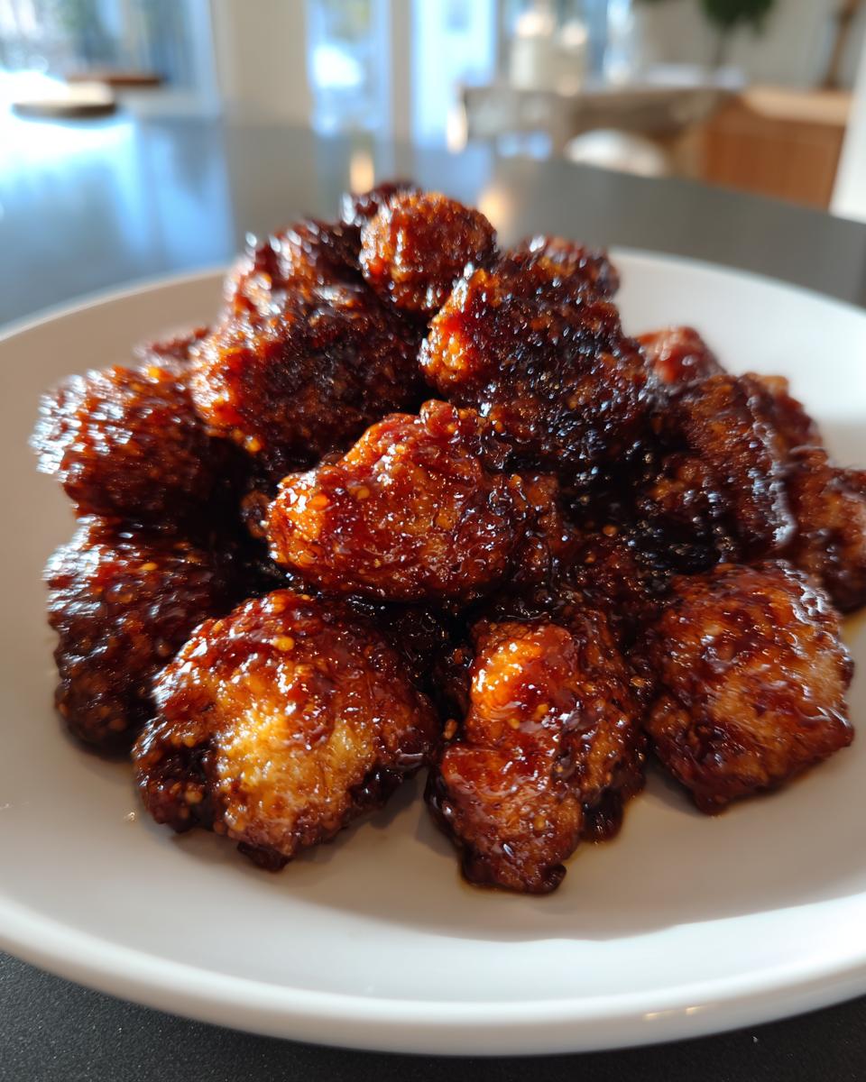 A pile of Sticky Coca Cola Cauliflower Wings coated in a dark, glossy glaze served on a white plate.