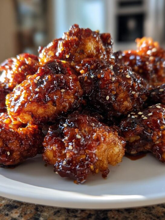 A pile of golden brown, glazed Sticky Coca Cola Cauliflower Wings sprinkled with sesame seeds on a white plate.
