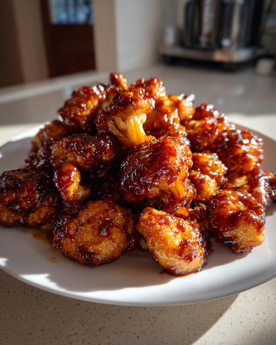 A pile of golden-brown, glazed Sticky Coca Cola Cauliflower Wings piled high on a white plate.