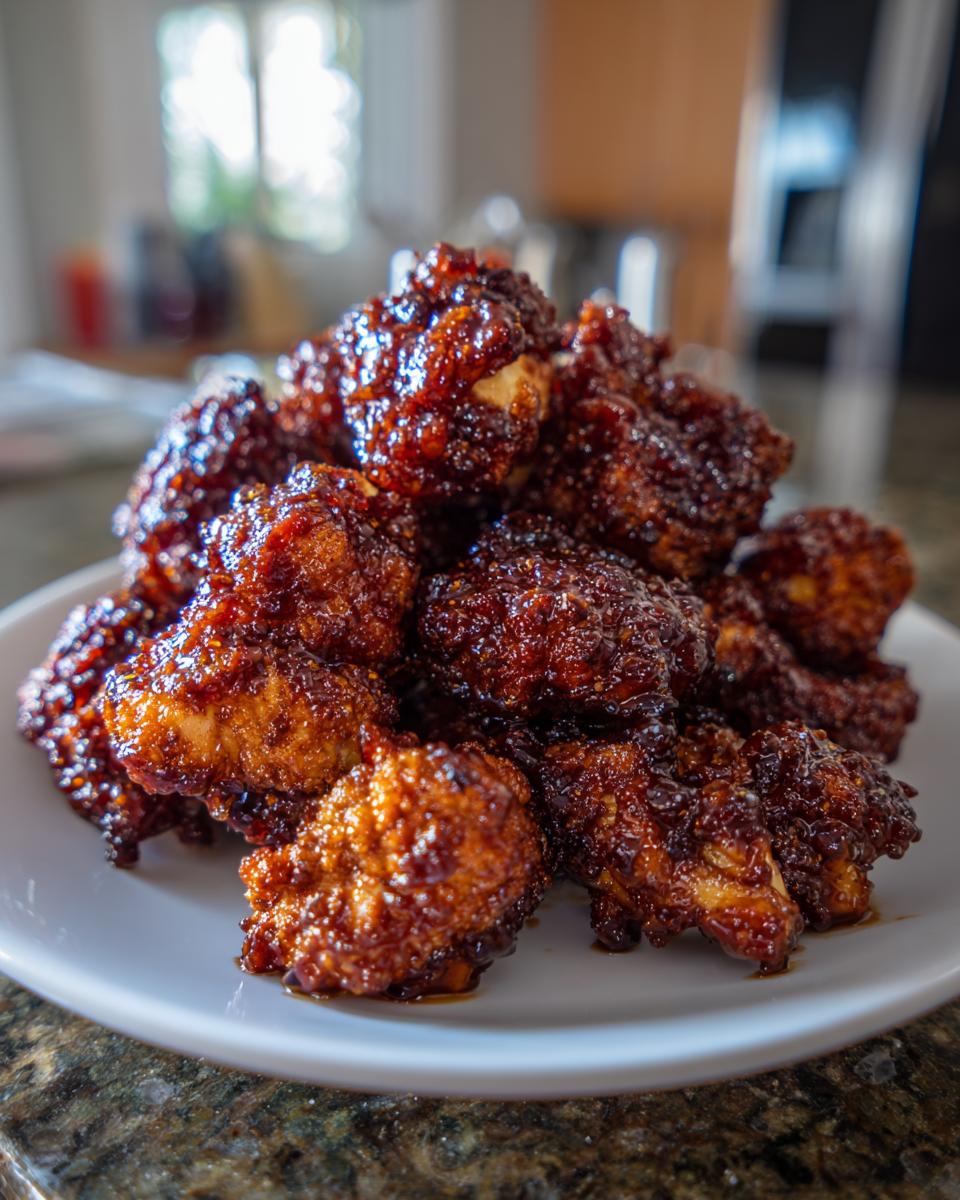 A pile of crispy, glazed Sticky Coca Cola Cauliflower Wings piled high on a white plate.