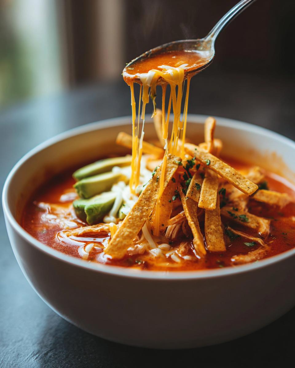 A spoonful of hot Chicken Tortilla Soup shows melted cheese stretching from the spoon over tortilla strips and avocado slices.