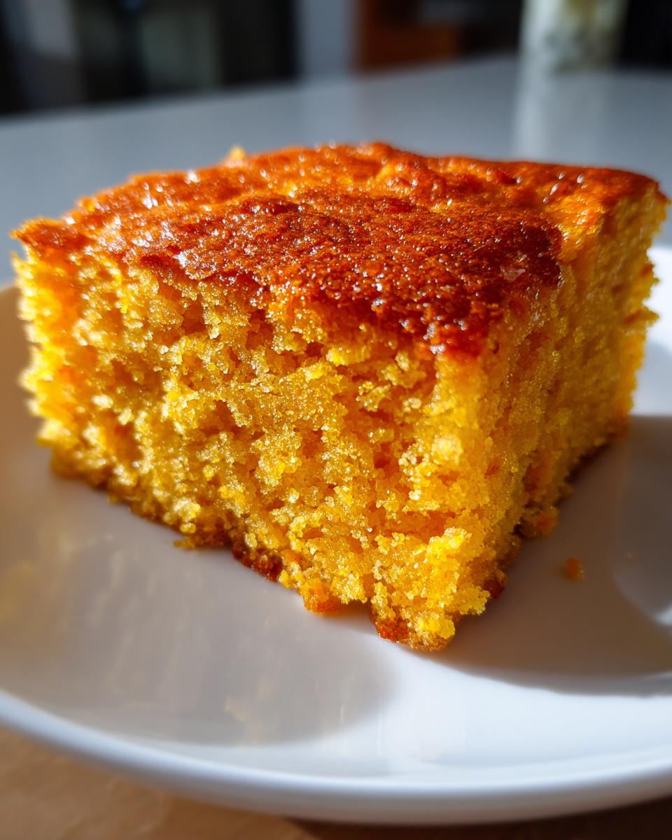 Close-up of a square slice of vibrant orange Sweet Potato Cornbread sitting on a white plate.