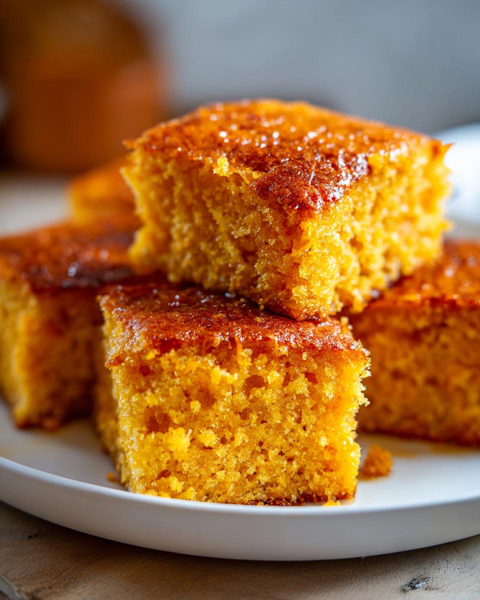 Close-up of moist, golden squares of Sweet Potato Cornbread stacked on a white plate, glistening with glaze.