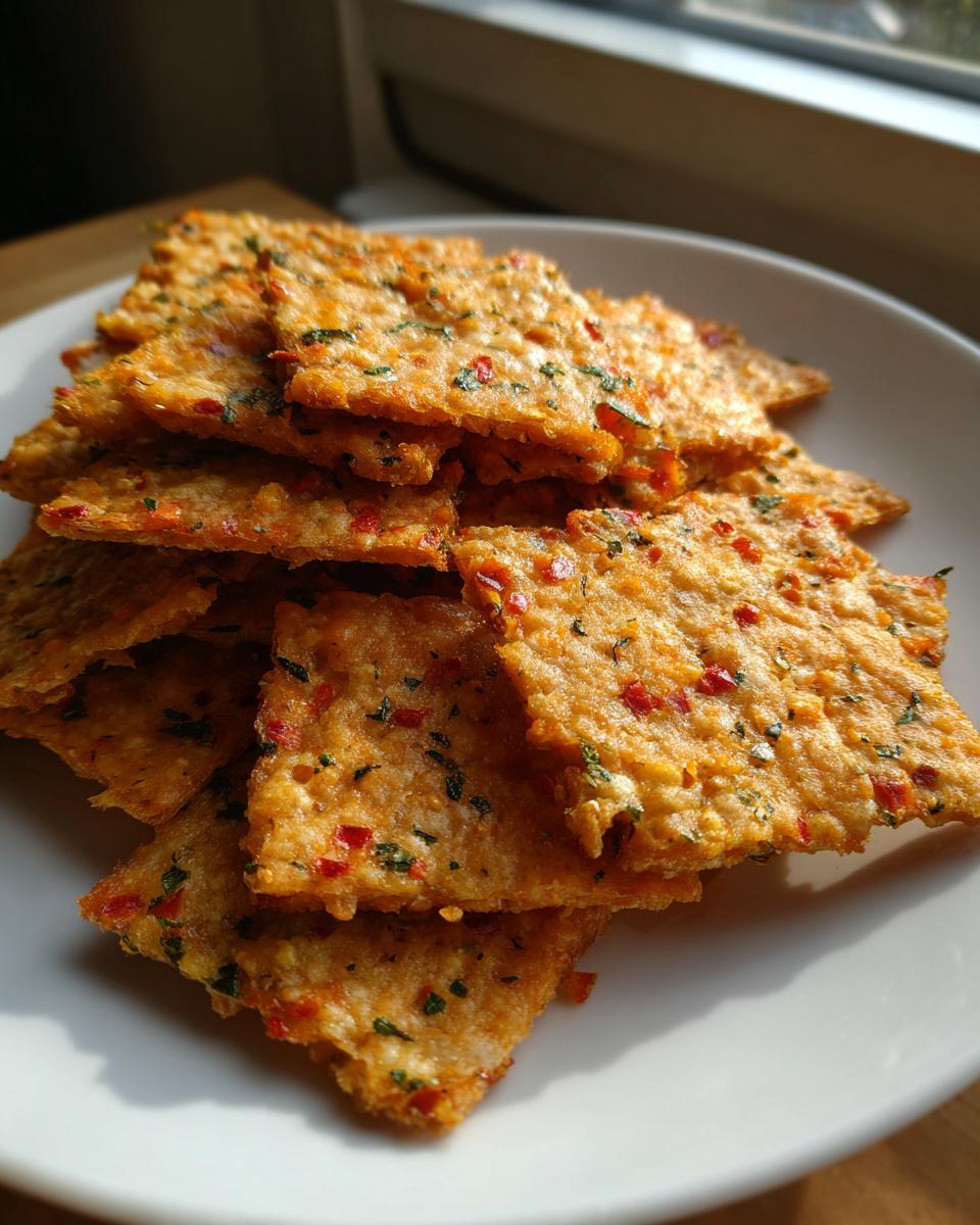 A close-up of a pile of crispy Sweet Spicy Herb Crackers speckled with red chili and green herbs on a white plate.