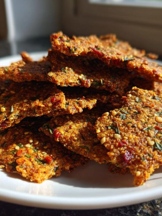 A close-up of a pile of crispy Sweet Spicy Herb Crackers, rich in visible seeds and herbs, served on a white plate.
