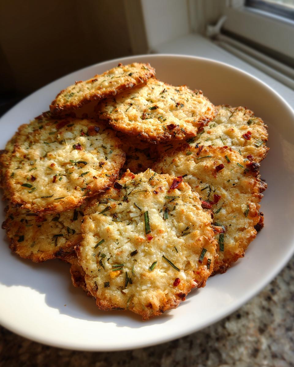A stack of golden brown Sweet Spicy Herb Crackers topped with visible green herbs and red pepper flakes on a white plate.