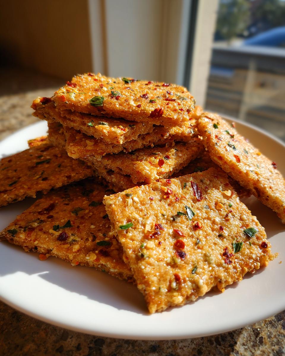 A stack of homemade Sweet Spicy Herb Crackers, visibly seasoned with red pepper flakes and green herbs, resting on a white plate.