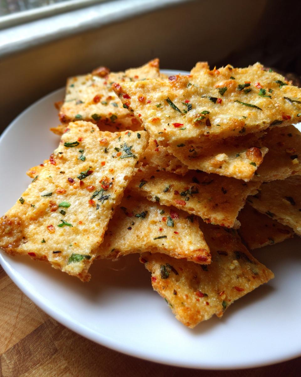 A close-up stack of golden brown Sweet Spicy Herb Crackers sprinkled with visible green herbs and red pepper flakes.