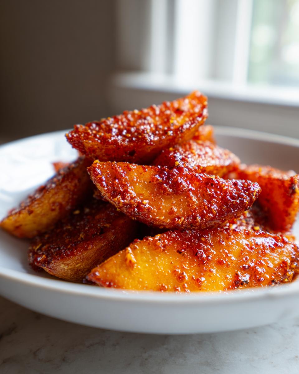A close-up of glistening Sweet Spicy Honey Chili Wedges piled high in a white bowl.