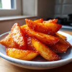 Close-up of golden potato wedges coated in a thick, glossy Sweet Spicy Honey Chili glaze.