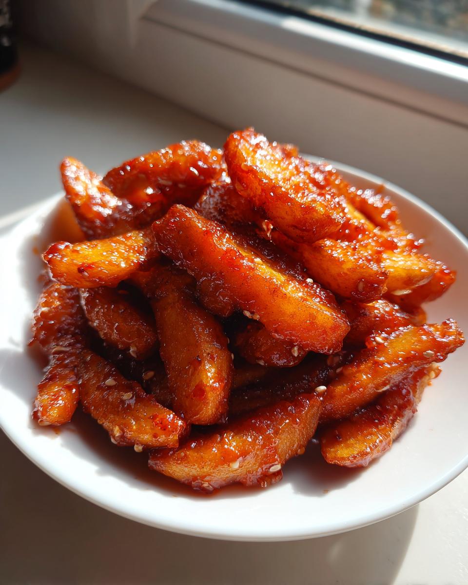 A close-up of glossy, glazed Sweet Spicy Honey Chili Wedges piled high in a white bowl, catching the sunlight.
