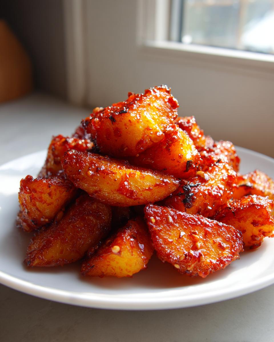 A close-up of golden potato wedges coated in a glossy, bright red Sweet Spicy Honey Chili Wedges glaze, piled on a white plate.