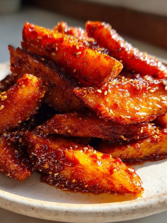 A pile of glistening Sweet Spicy Honey Chili Wedges coated in a dark, sticky glaze and sprinkled with sesame seeds.